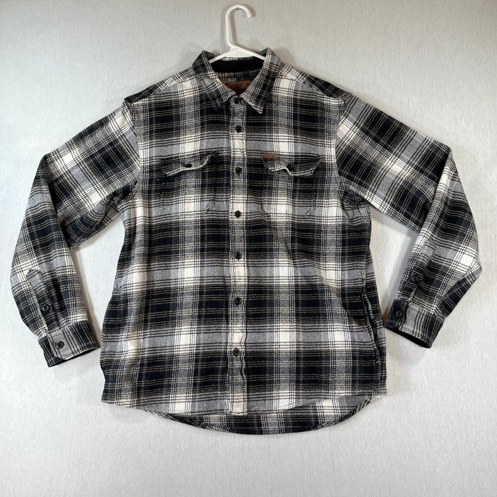 Orvis Flannel Shirt Mens L Black White Plaid Cotton Button Down Long Sleeve